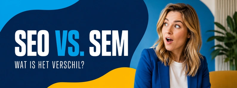 SEO vs. SEM uitgelegd door BluCactus Nederland Nederlandse marketingprofessional met verraste blik bij SEO vs. SEM, voor een BluCactus Nederland-artikel over het verschil.